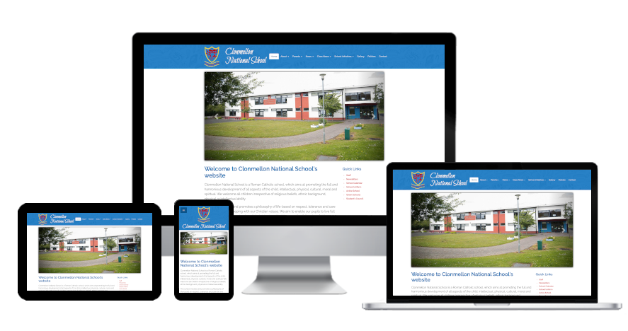 School website design project - Clonmellon National School website's home page presented on various devices