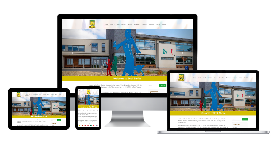 School website rebuilding - Scoil Bhríde Kill website's home page presented on various devices