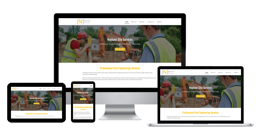 Responsive website design - Neptune Site Services website's home page presented on various devices