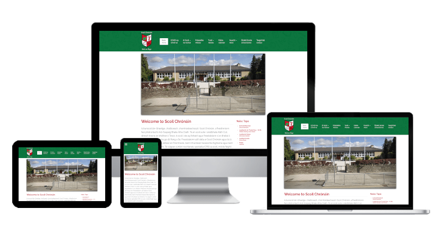 Primary school website design - Scoil Chrónáin Dublin website's home page presented on various devices